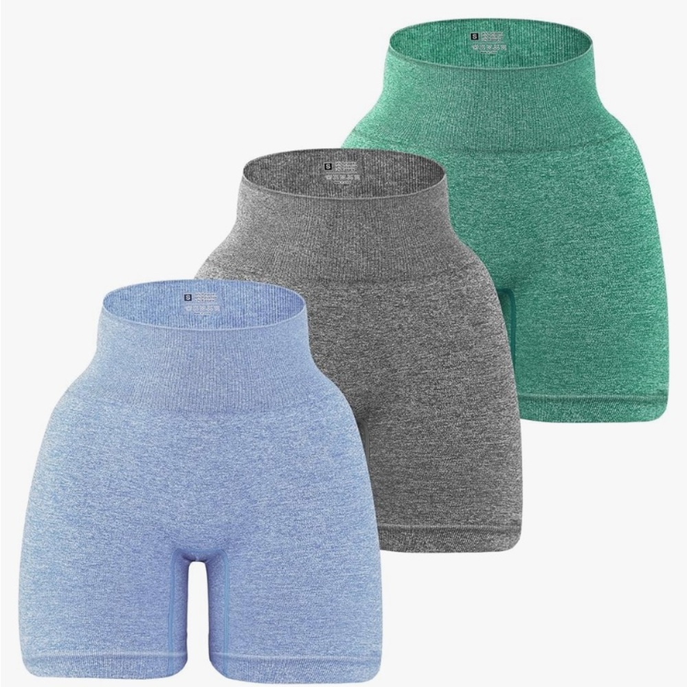 Set of Three High-Waisted Biker Shorts - Gray, Blue, Teal